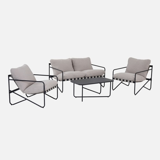 Salon de jardin 4 places avec table en métal, avec dossier et assise maintenus par des sangles