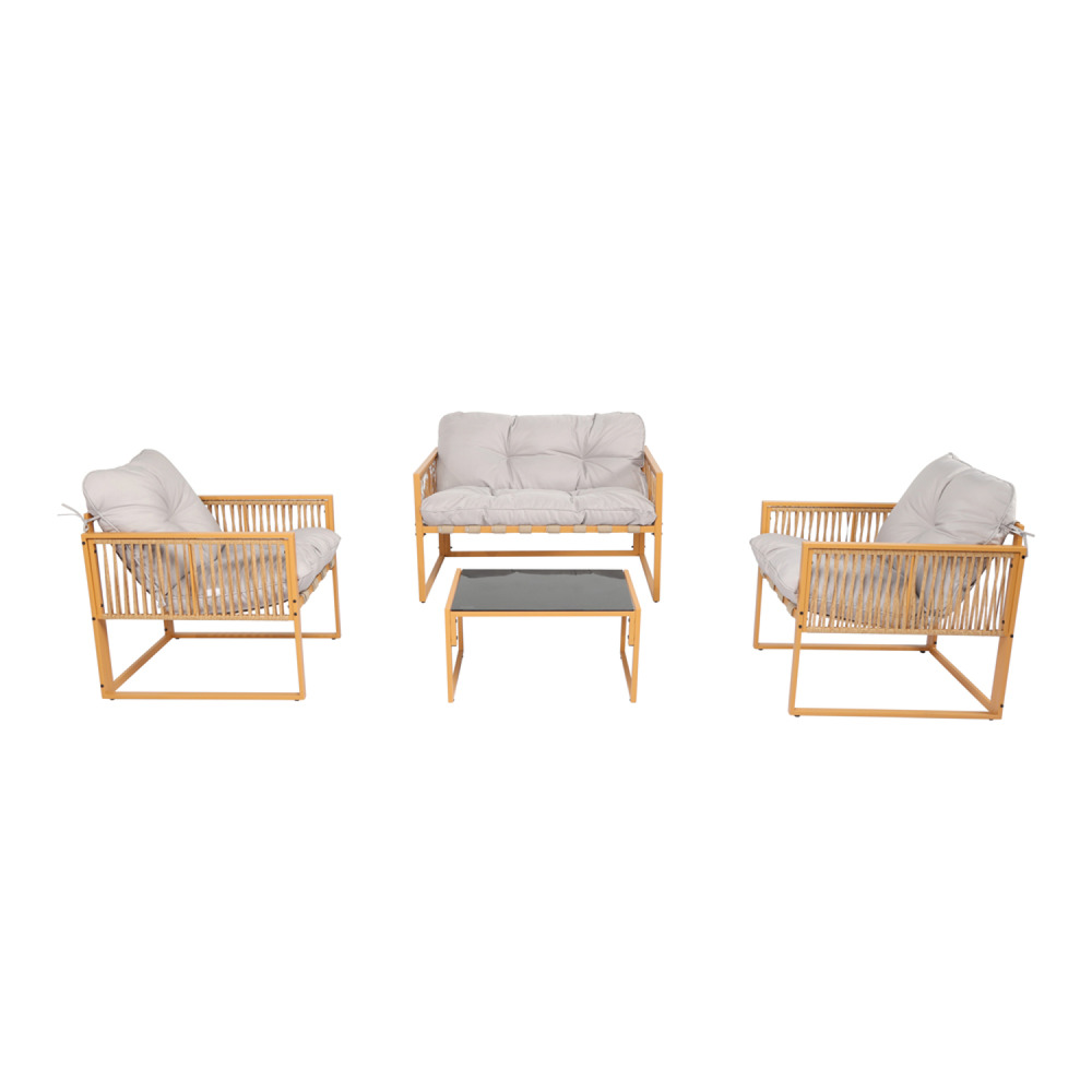 Salon de jardin 4 places effet rotin coussins gris clair turini