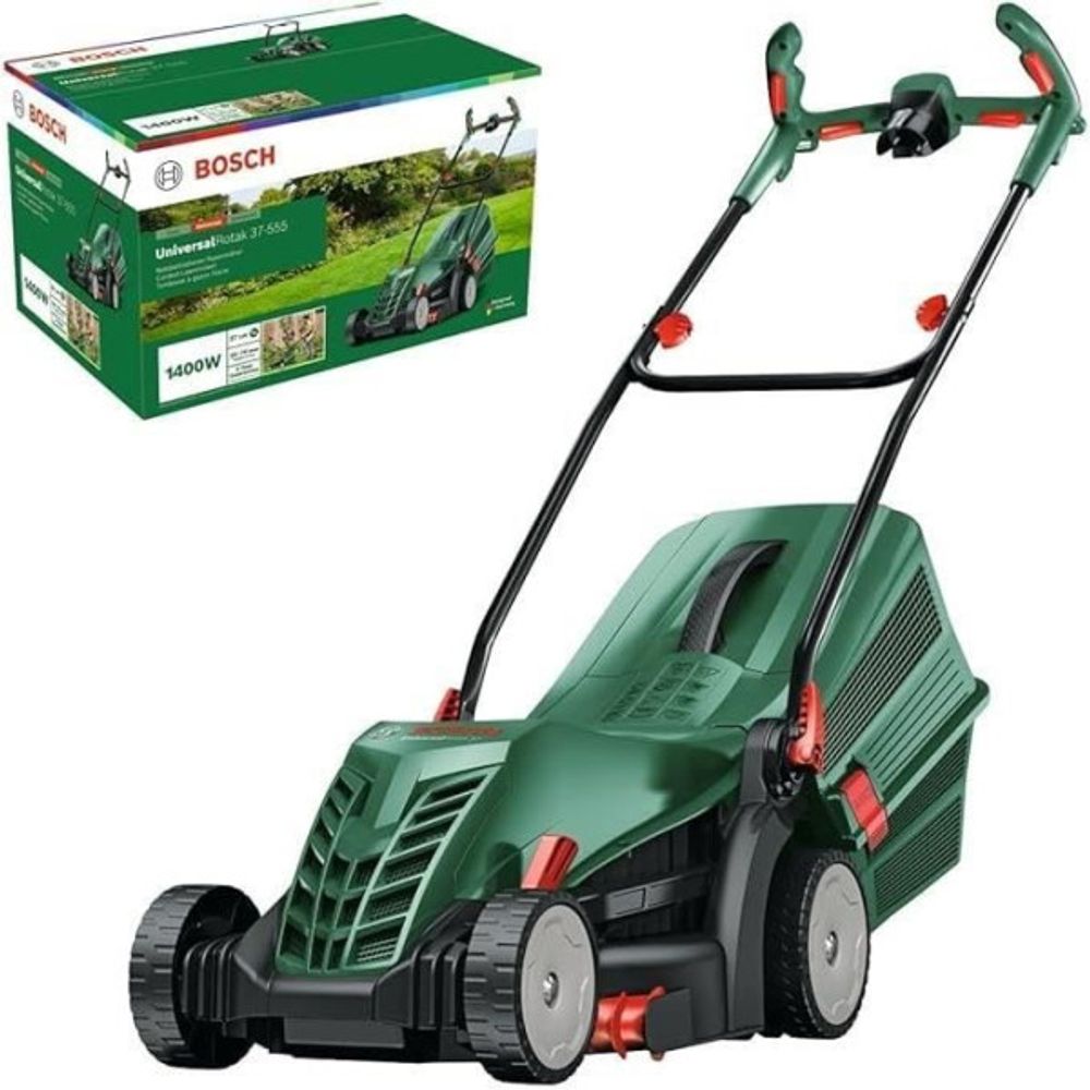 Bosch tondeuse a gazon filaire universalrotak 37-555 (moteur de 1 400 w, largeur de coupe : 37 cm, bac de ramassage 40 litres)