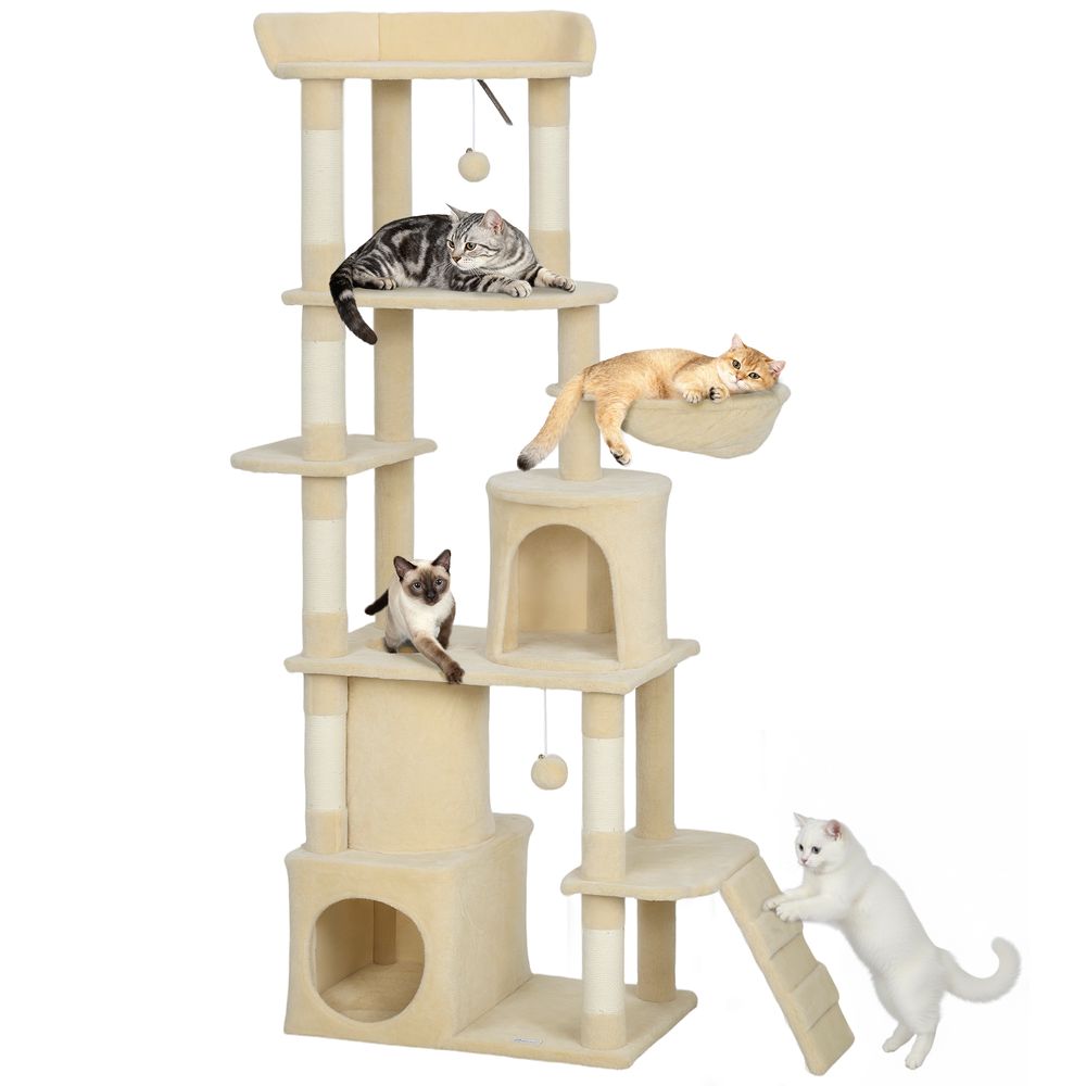 Arbre à chat géant 170 cm avec tunnel et hamac pour plusieurs chats actifs beige