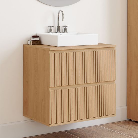 Meuble sous vasque suspendu salle de bain victor 2 tiroirs effet lattes