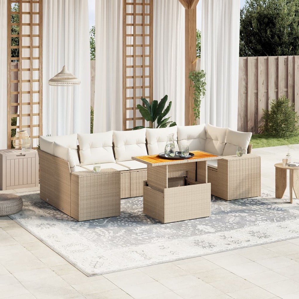 Salon de jardin avec coussins 8 pcs beige résine tressée