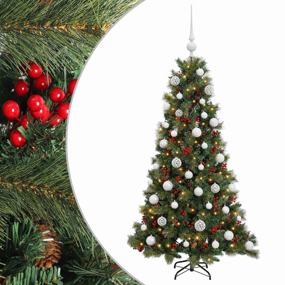 Sapin de noël artificiel avec boules 150 cm 150 led blanc chaud
