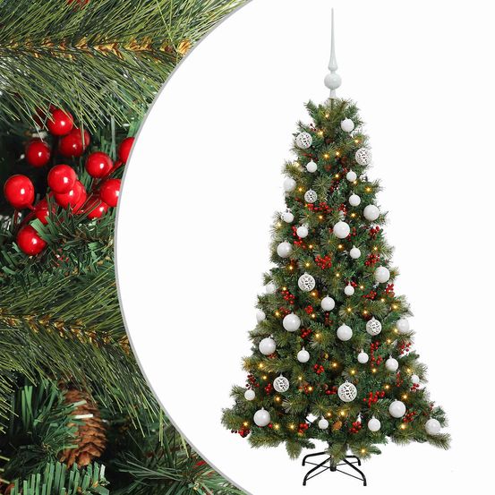 Sapin de noël artificiel avec boules 150 cm 150 led blanc chaud