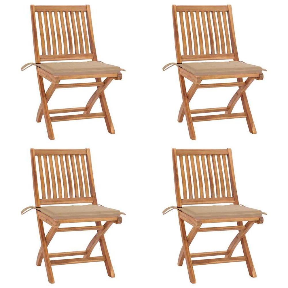 Chaises pliantes avec coussins, 4 pièces, en teck massif