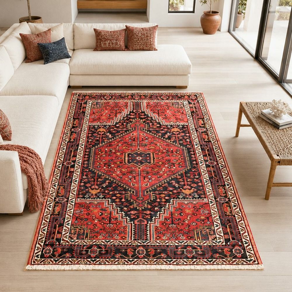 Tapis d'orient 115 x 162 cm, rouge, beige et noir, en laine, hamadan 23