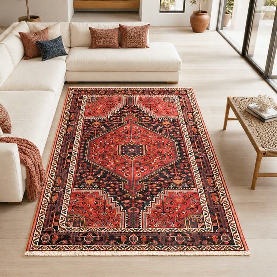 Tapis d'orient 115 x 162 cm, rouge, beige et noir, en laine, hamadan 23