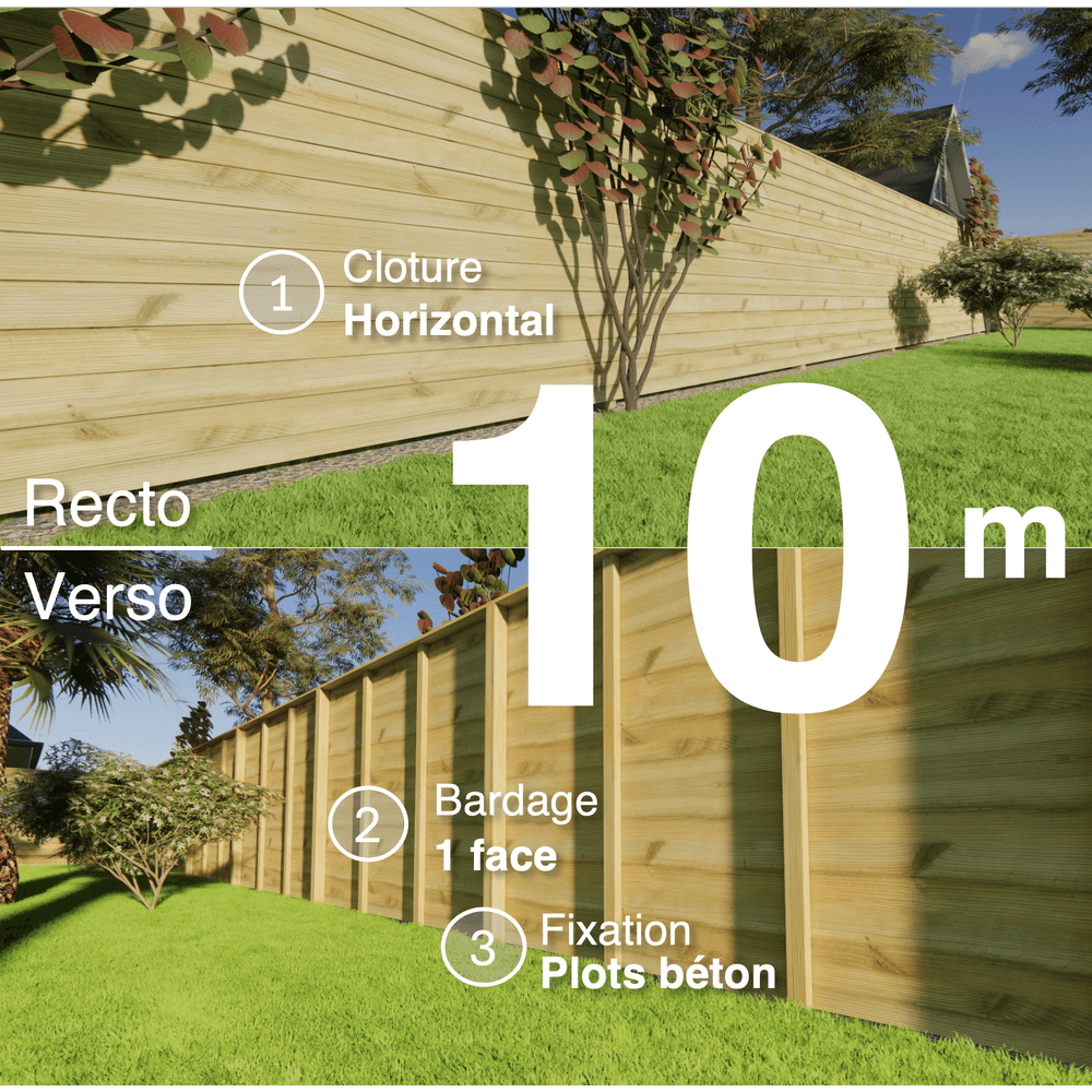 Kit clôture bois moderne 10m – h 1,9m – 21 x 130 mm autoclave vert – pose horizontal – simple face – à sceller