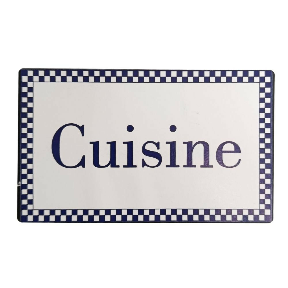 Plaque de porte cuisine en fer blanc entourage vichy bleu rectangulaire