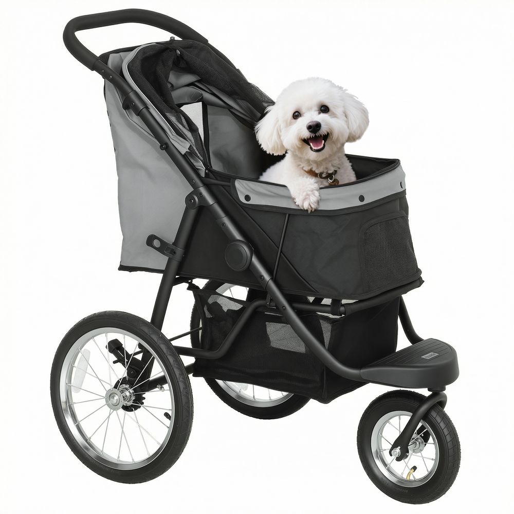 Poussette compacte en acier et tissu oxford pour petits chiens avec panier gris