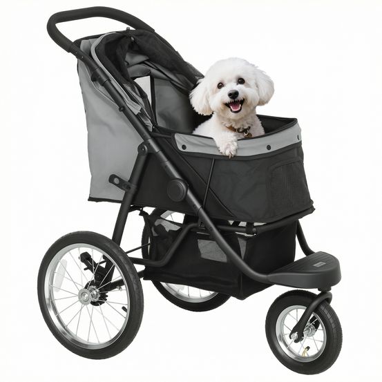Poussette compacte en acier et tissu oxford pour petits chiens avec panier gris