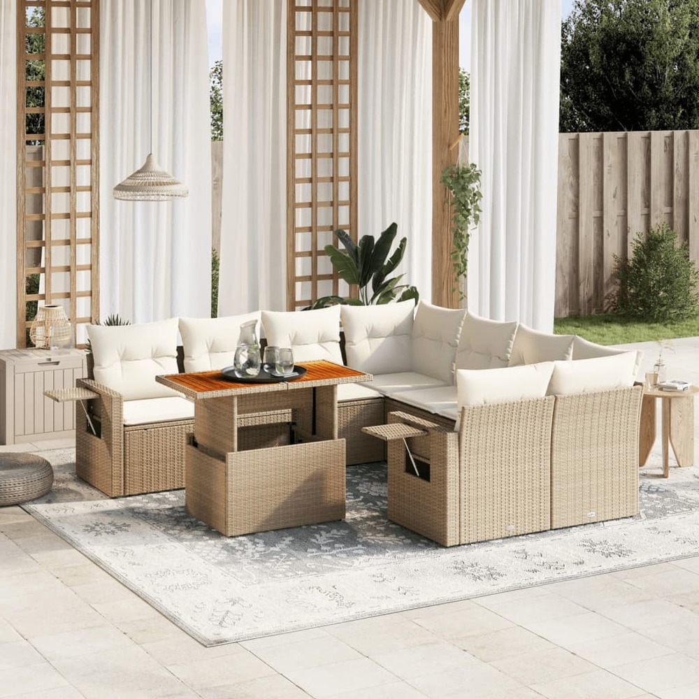 Salon de jardin avec coussins 9 pcs beige résine tressée