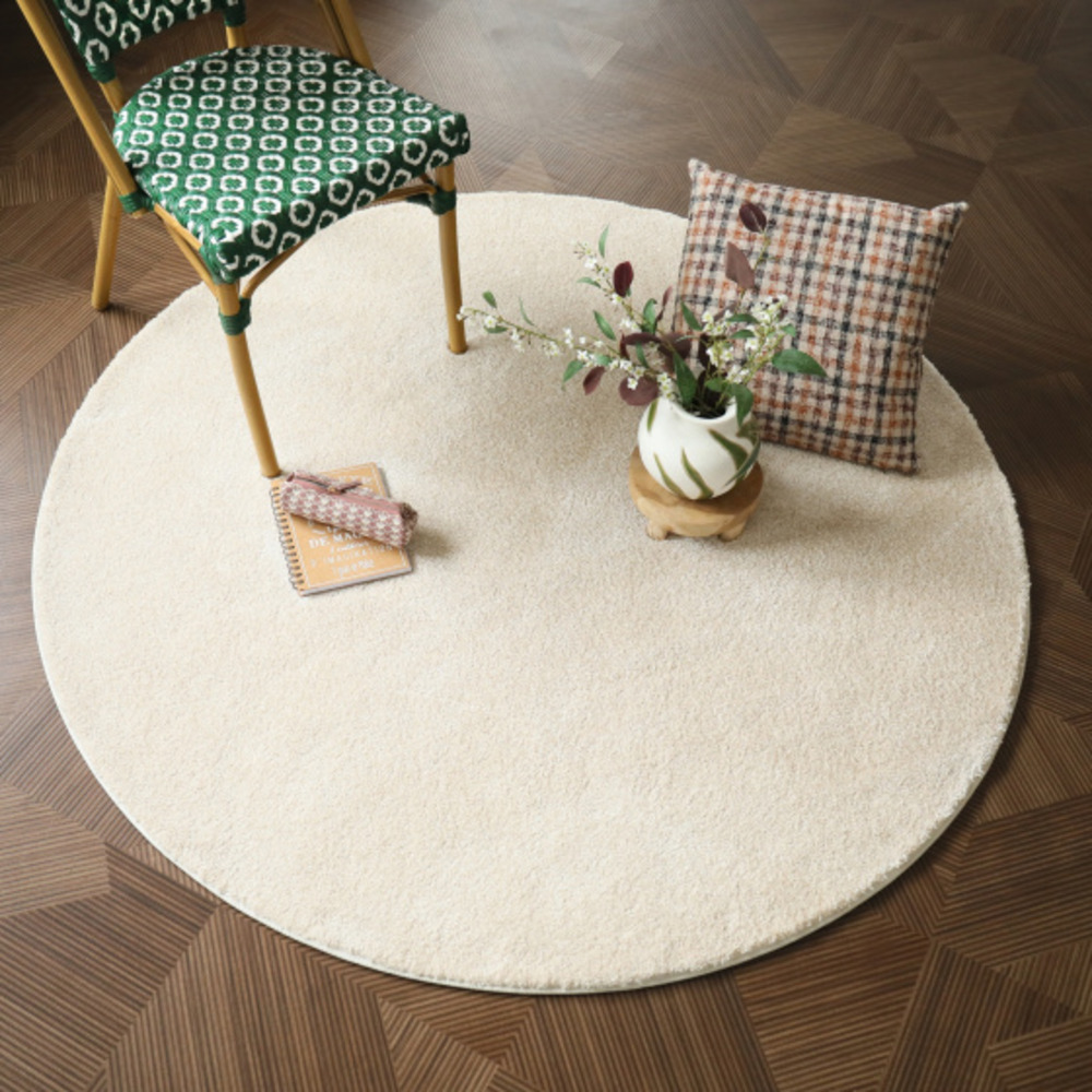 Tapis rond doux poils longs - touch beige clair - galon blanc coton - ø 150 cm