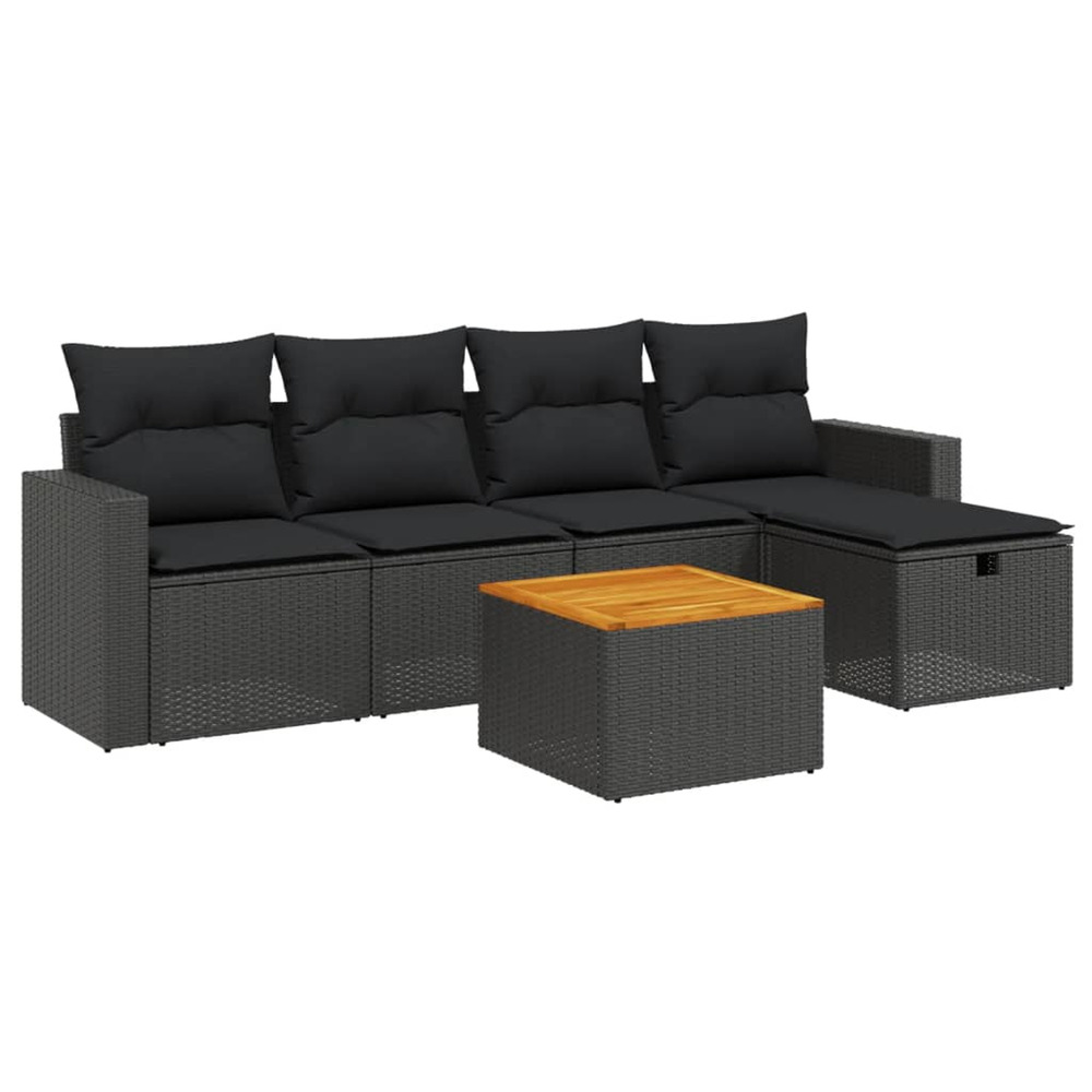 Salon de jardin 6 pcs avec coussins noir résine tressée