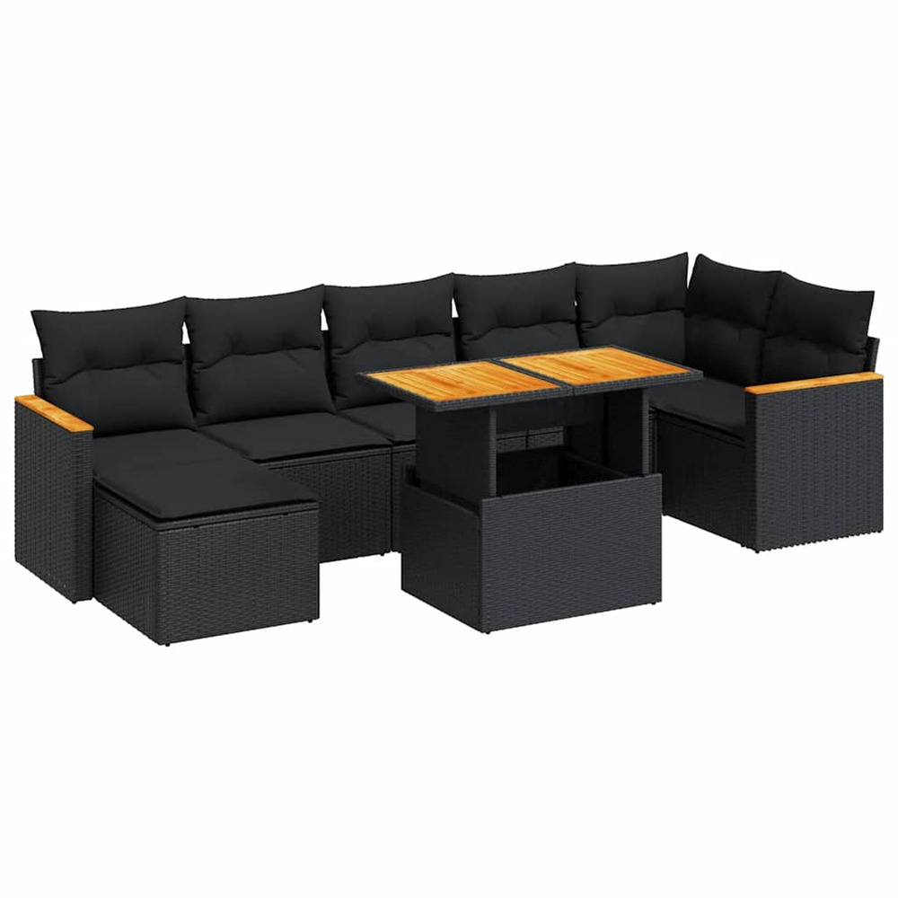 Salon de jardin avec coussins 8 pcs noir résine tressée acacia