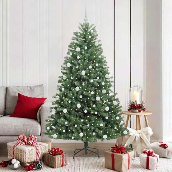 Sapin de fête artificiel 180 cm, vert, tout-en-un avec lumières led et 121 pièces de décoration