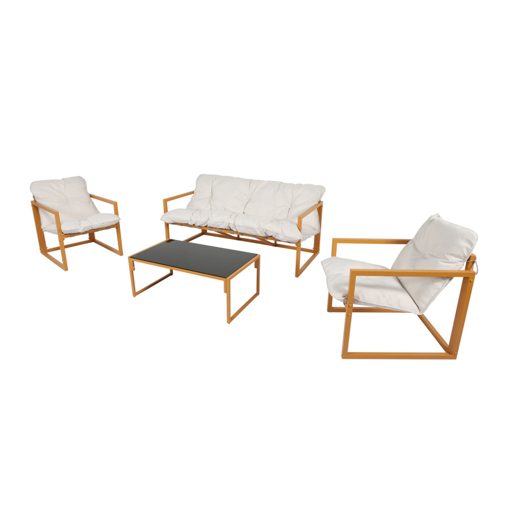 Salon de jardin 5 places contemporain marron et coussins beiges rabat