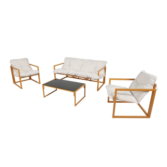 Salon de jardin 5 places contemporain marron et coussins beiges rabat
