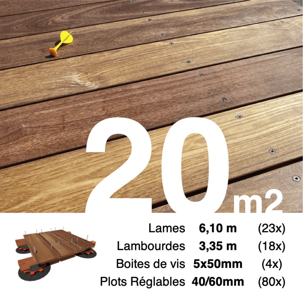 Kit complet terrasse bois exotique cumaru pour 20 m², lames 6,1 m, lambourdes 3,35 m, plots réglables et visserie inox.