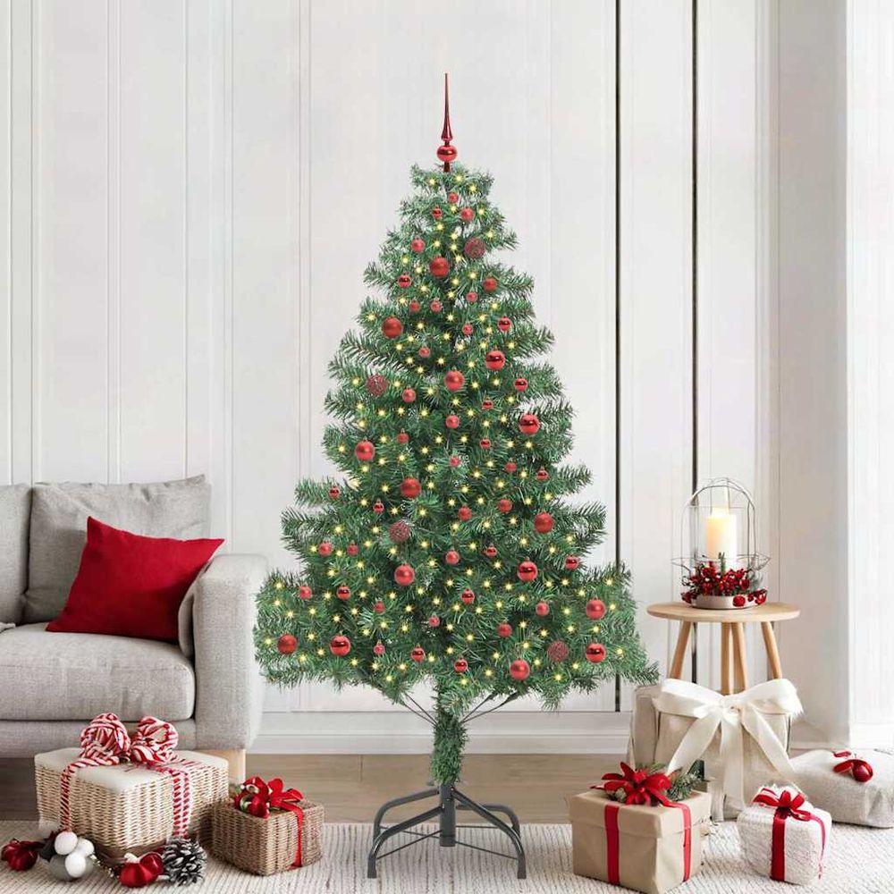 Sapin de noël vert 210cm prêt à décorer, avec guirlande 300 led et 120 boules pour salon ou jardin