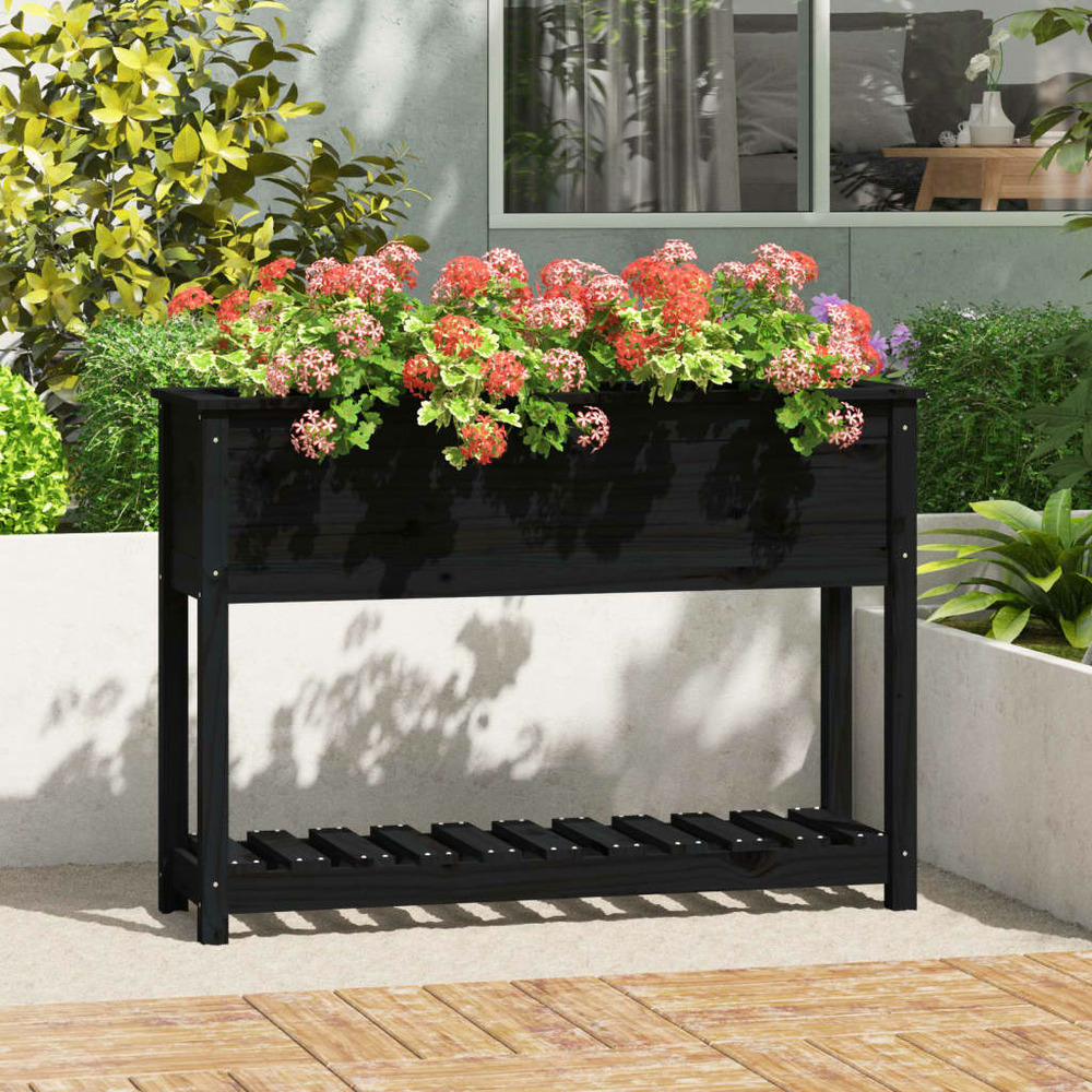 Jardinière avec étagère noir 111,5x34,5x81cm bois massif de pin