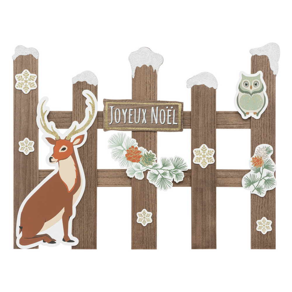 Pancarte cloture joyeux noël en bois avec renne et hibou l 73.5 cm