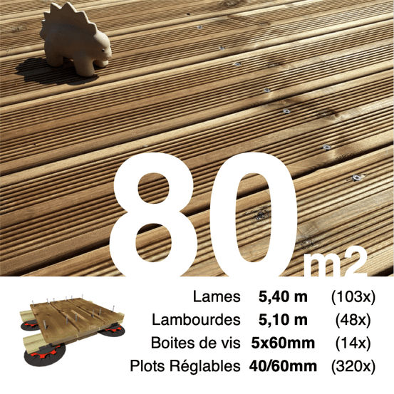 Kit complet terrasse pin autoclave marron pour 80 m², lames 5,4 m, lambourdes 5,1 m, plots réglables et visserie inox.
