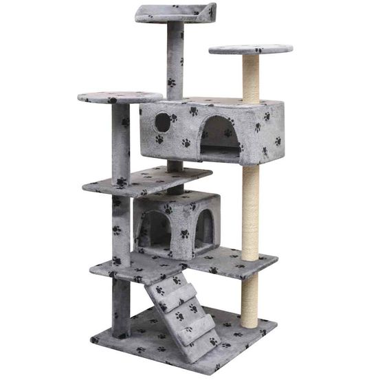 Arbre à chat design avec griffoirs sisal et 2 maisons motif pattes gris
