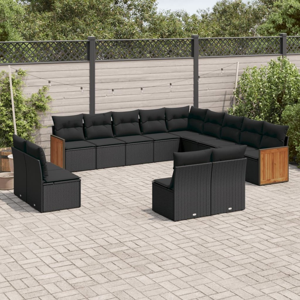 Salon de jardin avec coussins 13 pcs noir résine tressée