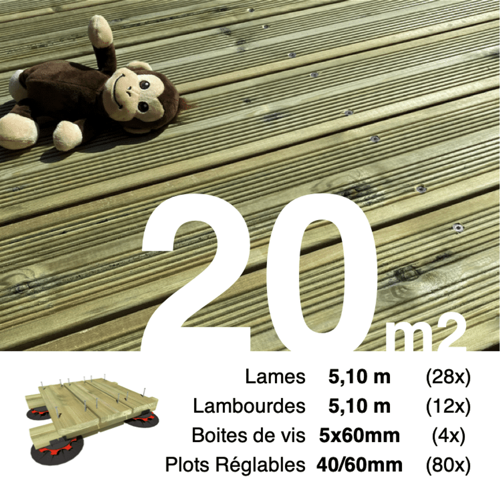 Kit complet terrasse pin autoclave vert pour 20 m², lames 5,1 m, lambourdes 5,1 m, plots réglables et visserie inox.