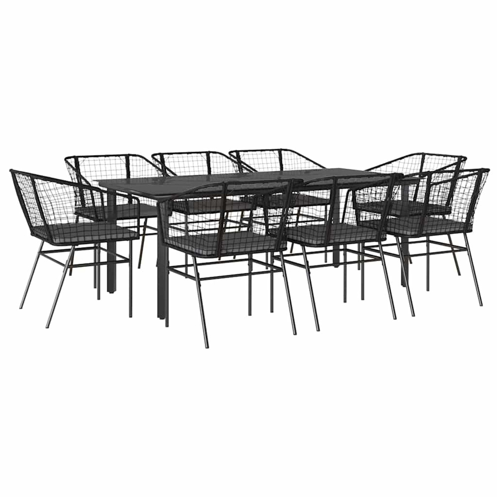 Ensemble à manger de jardin coussins 9pcs noir poly rotin verre