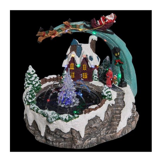 Village de noël lumineux, animé et musical scène de vie autour d'une fontaine