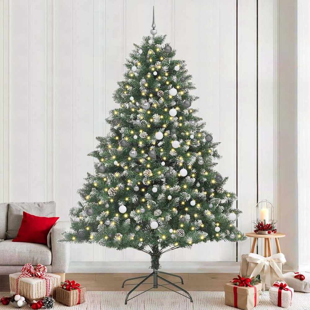Grand sapin de noël réaliste 2m40, lumineux 300 led, avec 120 boules et 48 pommes de pin