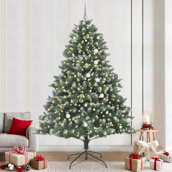 Grand sapin de noël réaliste 2m40, lumineux 300 led, avec 120 boules et 48 pommes de pin