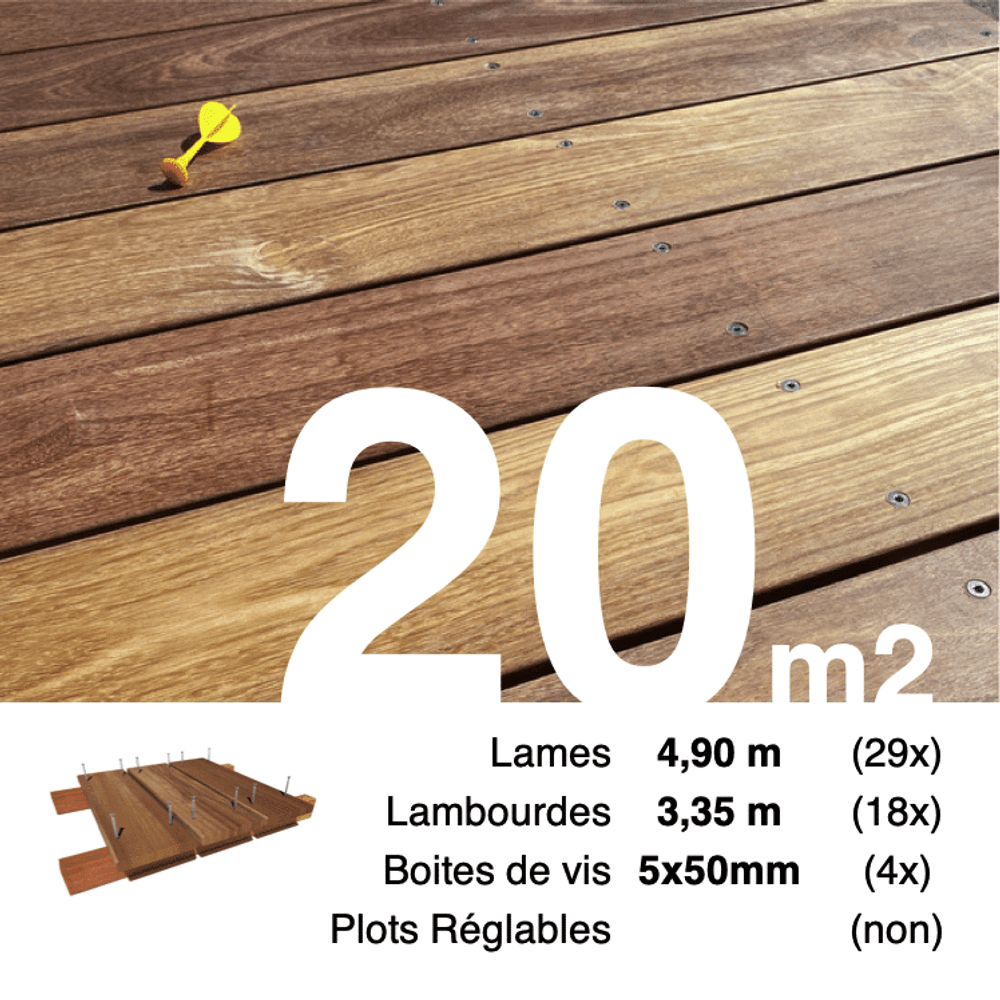 Kit terrasse bois exotique cumaru pour 20 m², lames 4,9 m, lambourdes 3,35 m et visserie inox.