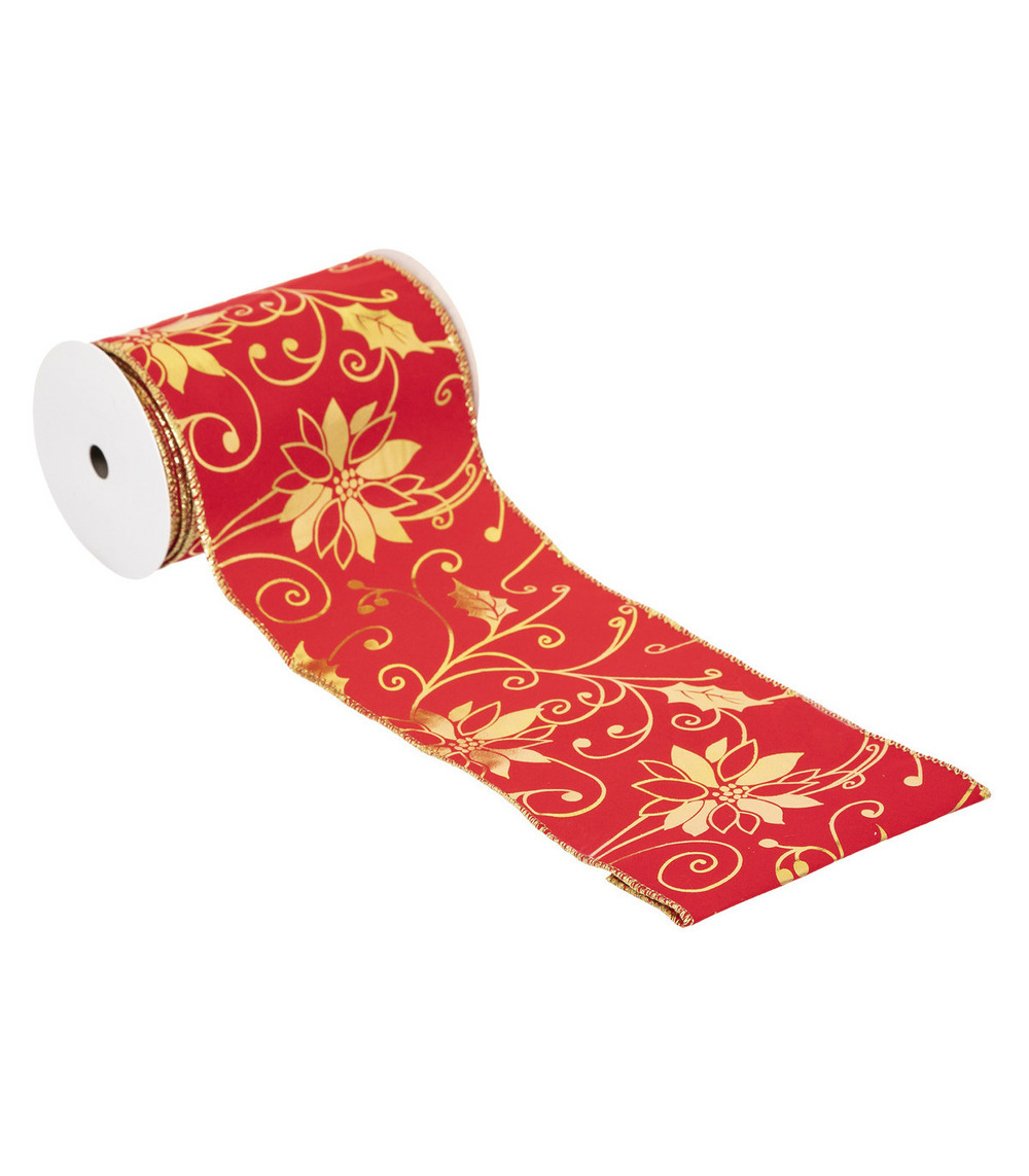 Guirlande de noël ruban effet velours rouge avec poinsettia or 12 cm x 5 m