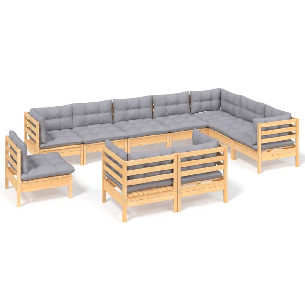 Salon de jardin 10 pcs avec coussins gris bois de pin massif