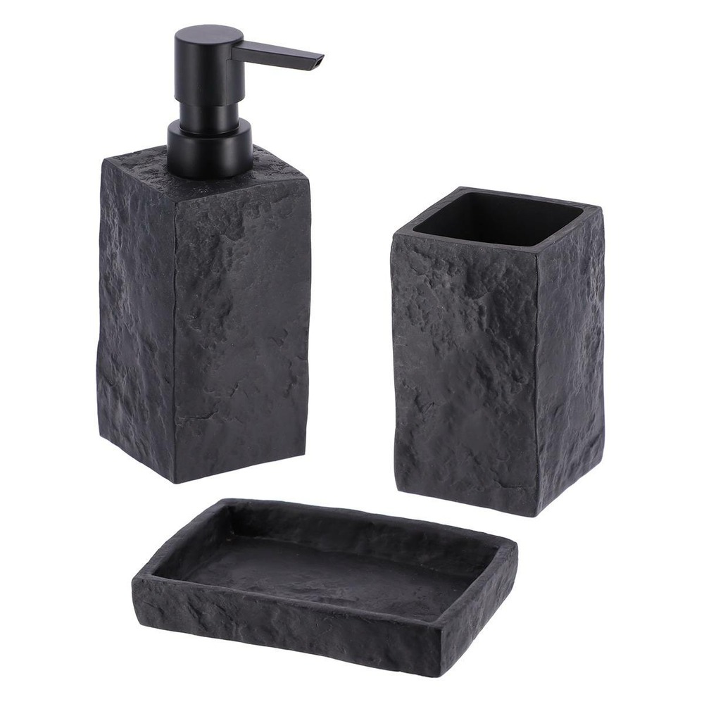 Set gobelet distributeur a savon et porte savon polyresine effet pierre - noir