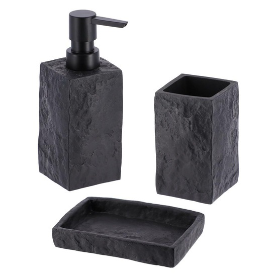 Set gobelet distributeur a savon et porte savon polyresine effet pierre - noir