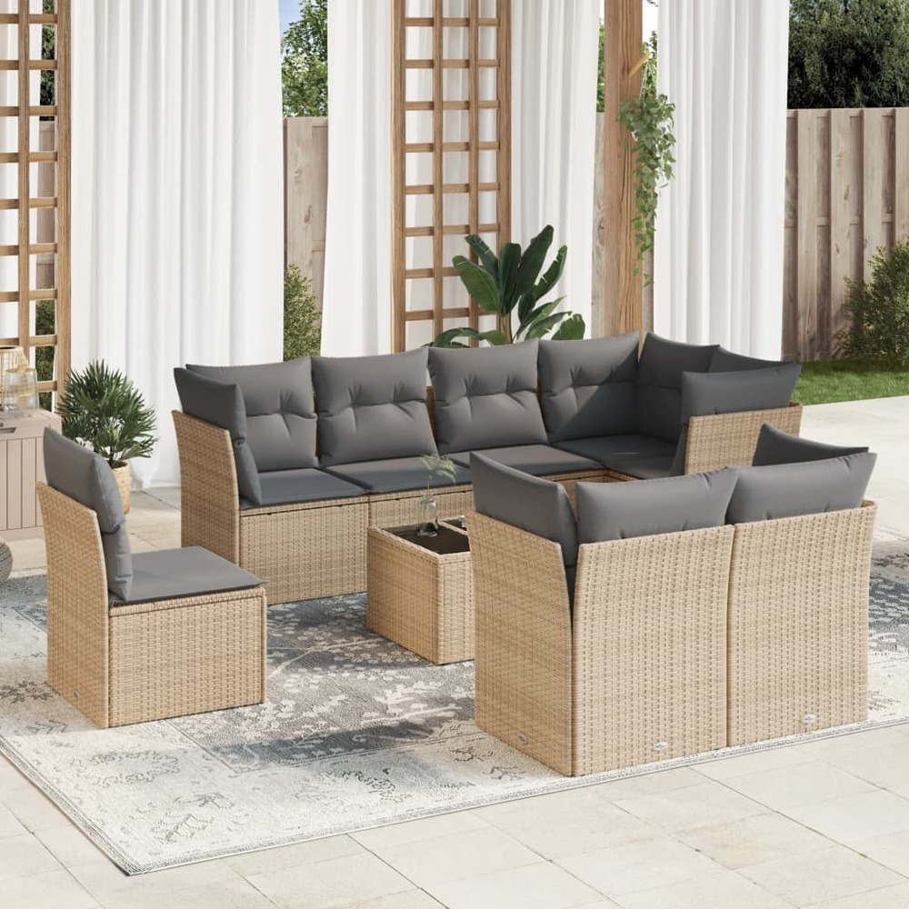 Salon de jardin avec coussins 9 pcs beige résine tressée
