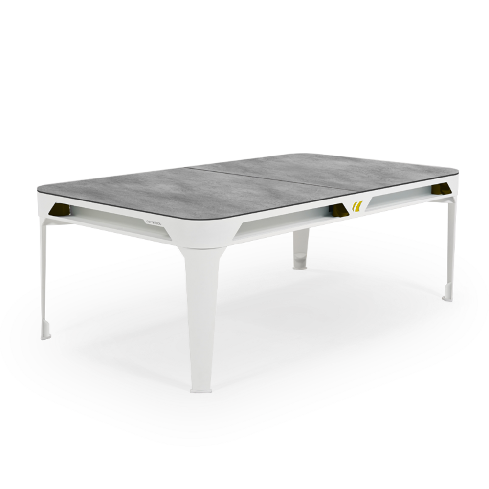 Billard d'extérieur convertible hyphen outdoor blanc / tapis gris clair / réceptacles : moutarde / plateaux : décor minéral