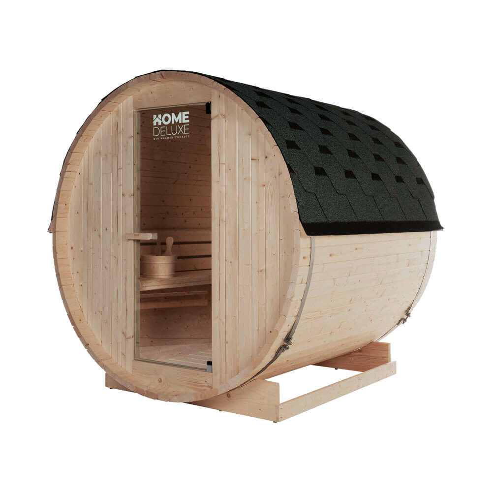 Home deluxe - sauna extérieur en tonneau lahti l - dimensions : lxpxh : env. 189 cm x 191 cm x 180 cm, bois : épicéa - avec poêle et