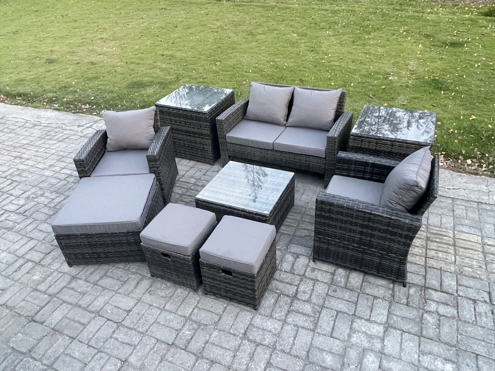 Ensemble de meubles de jardin en rotin ave table basse carrée chaise canapé 2 places 3 tabouret