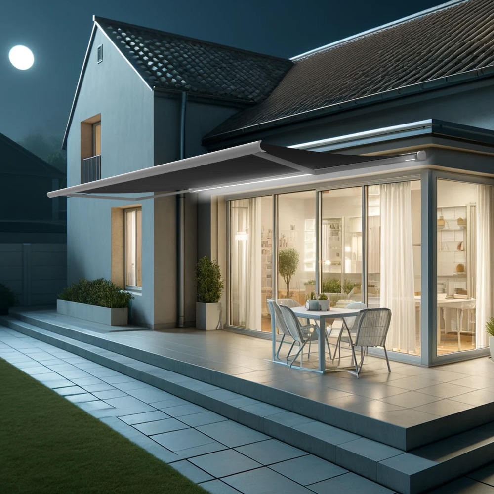 Store banne coffre intégral hevoa 6,00x3,50 m (motorisé secours à télécommande + led - blanc satiné ral9010 - gris graphite)