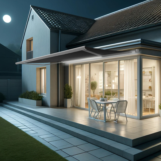 Store banne coffre intégral hevoa 6,00x3,50 m (motorisé secours à télécommande + led - blanc satiné ral9010 - gris graphite)