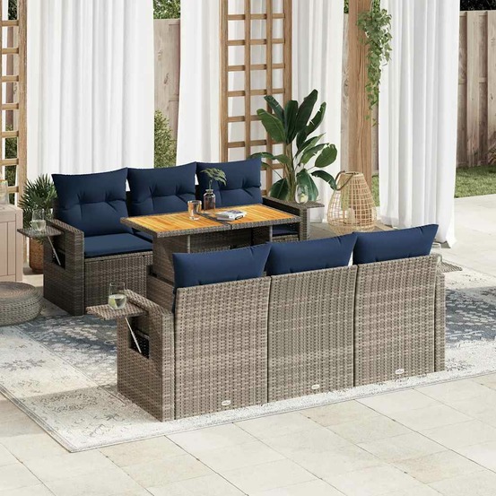 Salon de jardin avec coussins 7 pcs gris résine tressée