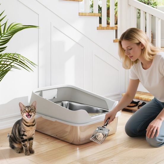 Bac à litière acier inoxydable pour grands chats bords hauts anti-projections 69x50cm gris