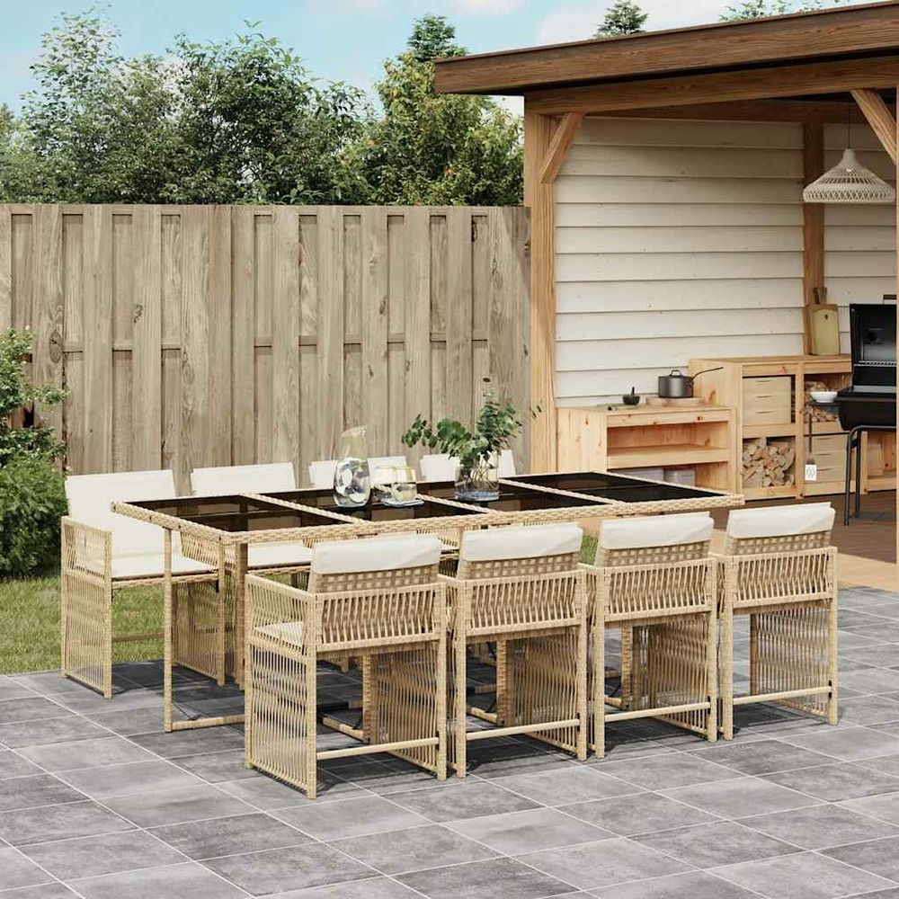 Ensemble à manger de jardin et coussins 9 pcs beige poly rotin
