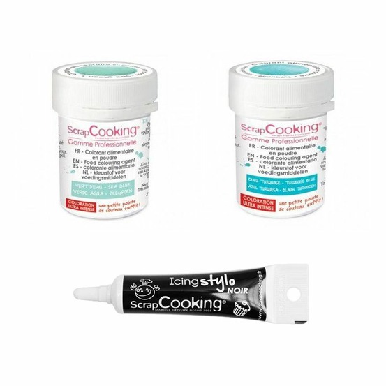 2 colorants alimentaires turquoise-vert d'eau + stylo glaçage noir