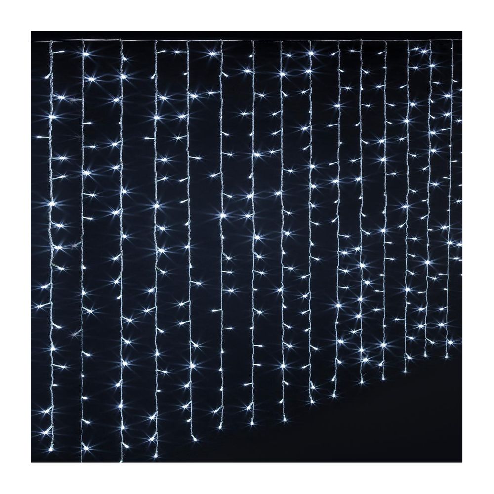 Rideau lumineux l 1.5 m 300 led blanc froid 15 tombées 8 jeux de lumière